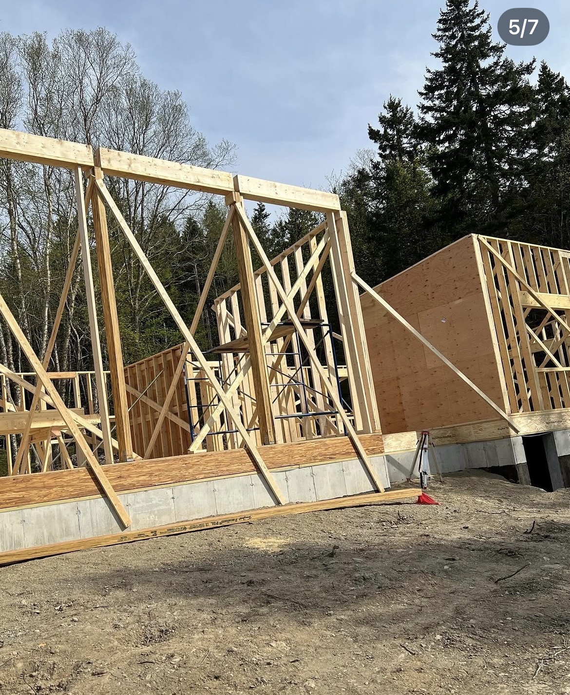 Exterior walls framed and braced on the new home's foundation