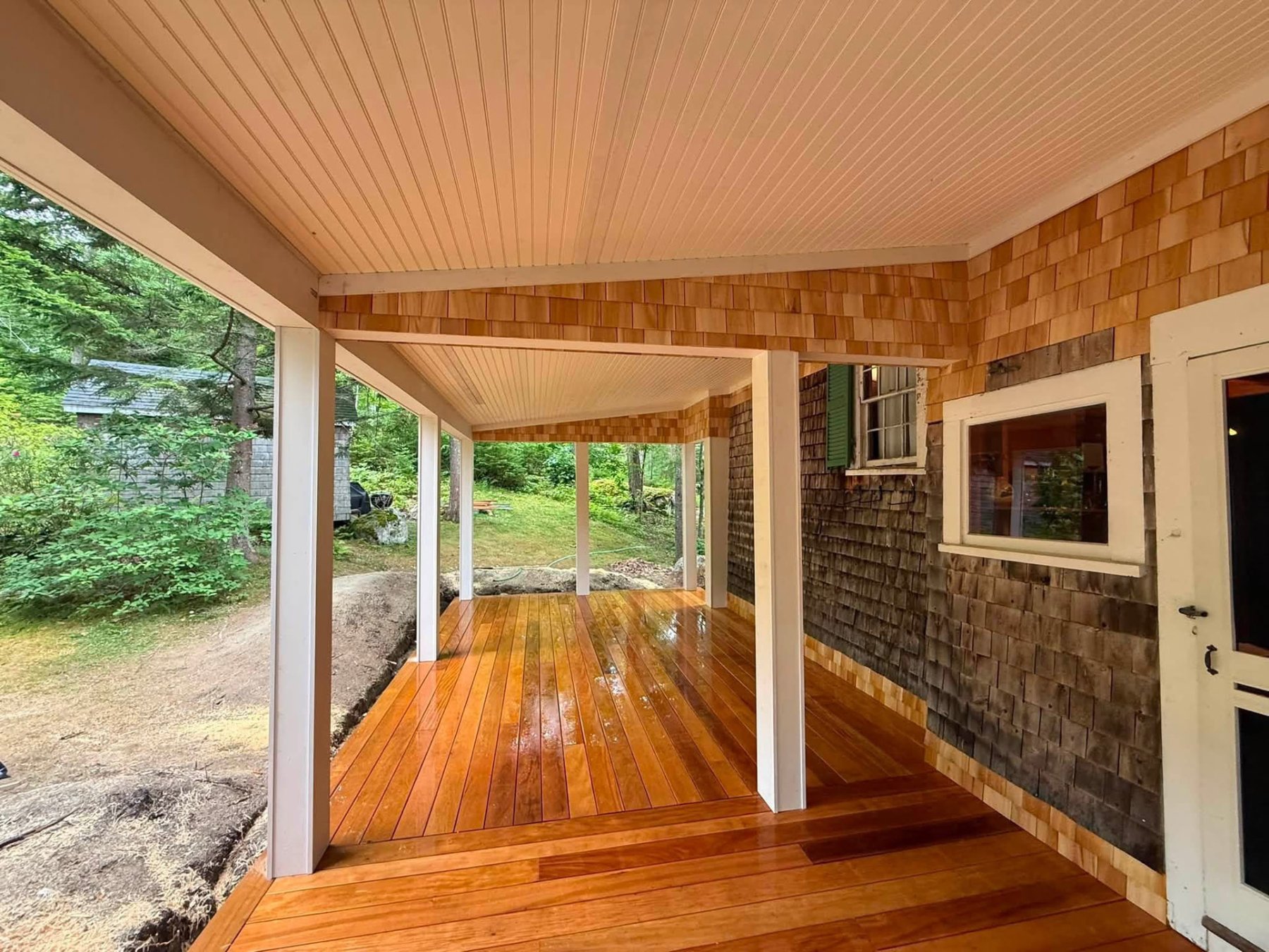 Covered porch with new cedar shingles and beadboard ceiling